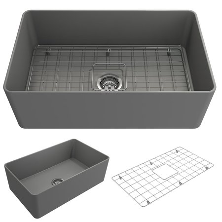 BOCCHI Aderci Ultra-Slim Farmhouse Apron Front Fireclay 30 in. Single Bowl Kitchen Sink in Matte Gray 1481-006-0120
